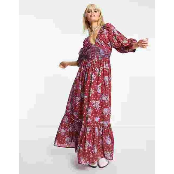 Free People Golden Hour Floral Red Maxi Dress Large - Picture 13 of 13